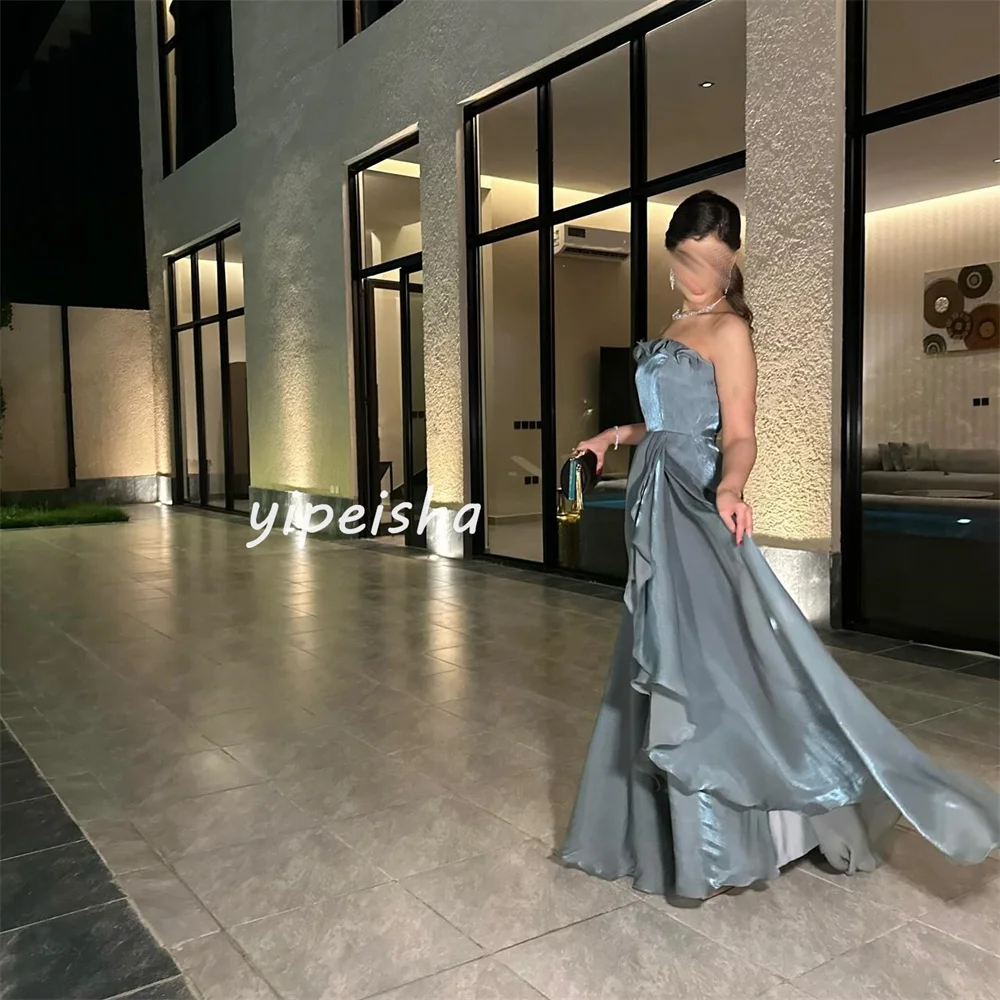 Customized Elegant Modern Style Satin Pleat Ruched A-line Strapless Long Dresses Cocktail Dresses Matching Fashion Casual Classi