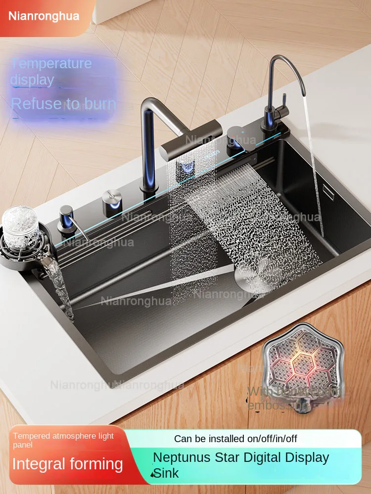 

Embossed Honeycomb Flying Rain Waterfall Sink Handmade Kitchen 304 Stainless Steel Large Single Slot Vegetable Wash Basin Sink