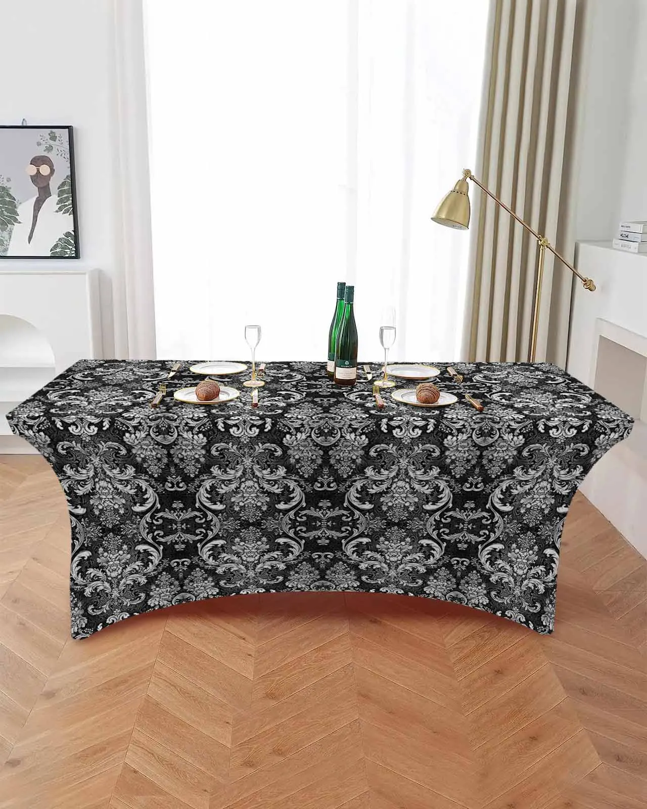 Flower Texture Abstract Retro Elastic Table Skirt Wedding Birthday Table Decoration Table Skirt Tablecloth for Party