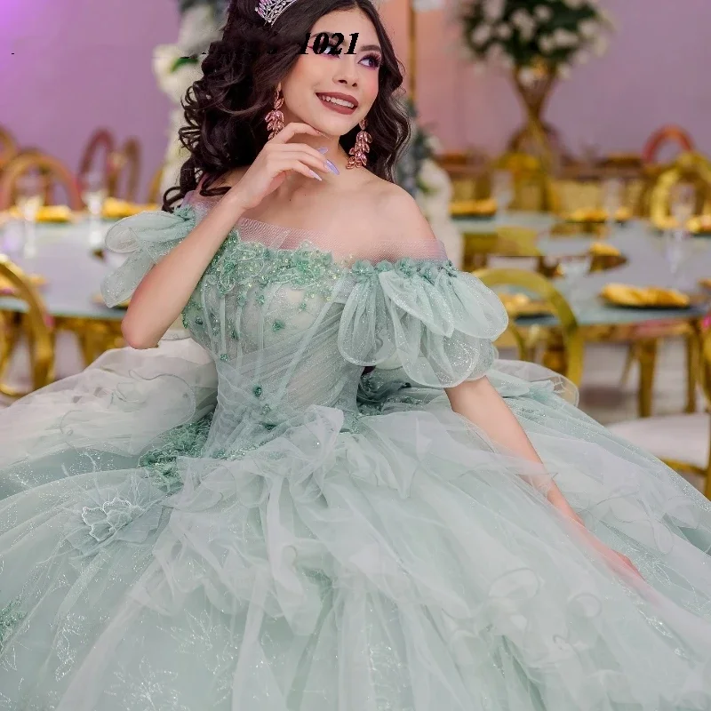 فساتين Quinceanera الخضراء للبنات Angelsbridep ، ثوب الكرة ، مزخرف بالدانتيل المتدرج ، مشد الخرز ، فستان السهرة