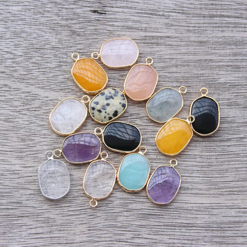 10pcs 16x25mm Hexagon Carved Stone Pendant Gold Edged amethysts Amazonite Quartz Charms for Necklace Earrings Making