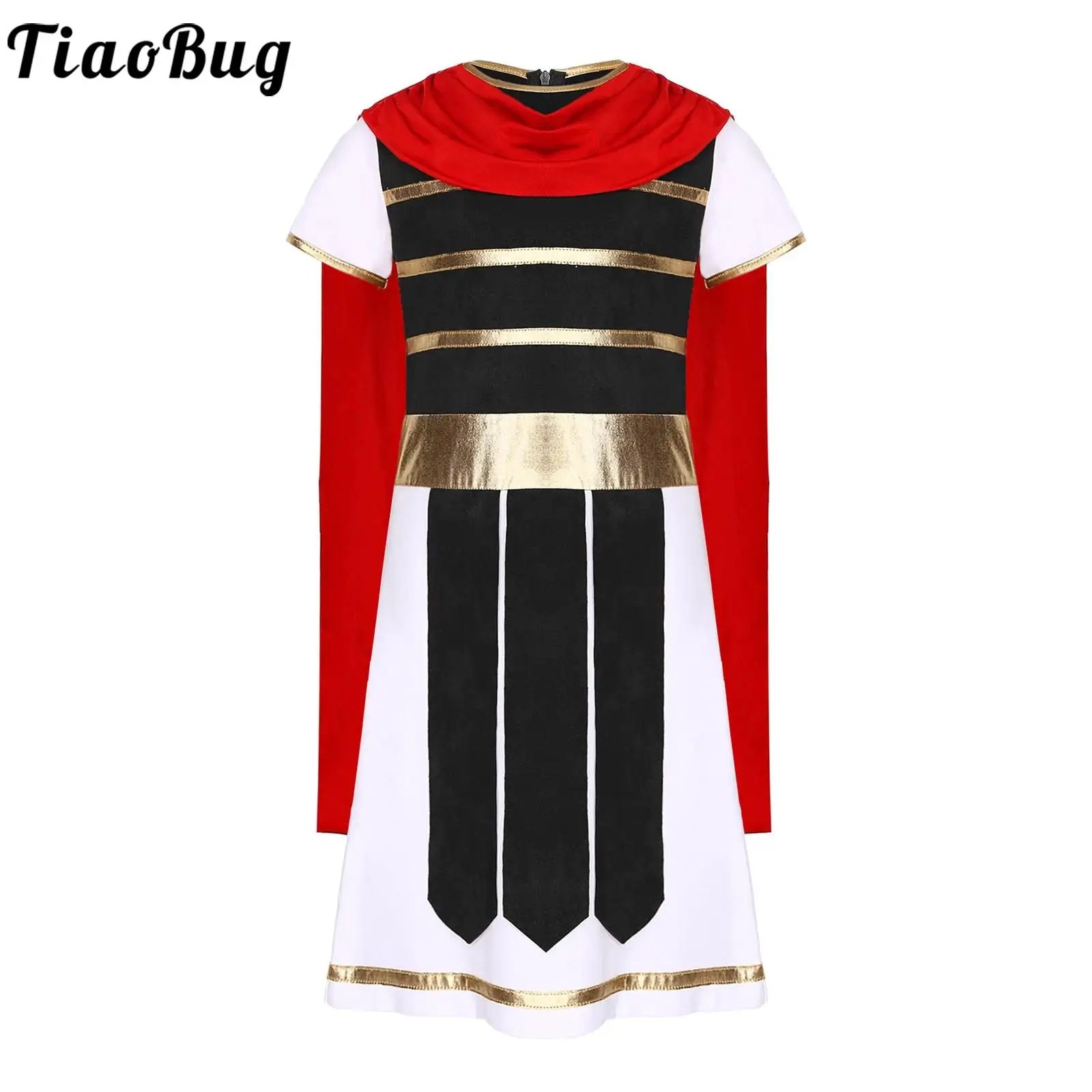 

Boys Ancient Roman Spartan Warrior Costume Halloween Dress Up Medieval Soldier Gladiator Robe Short Sleeve Attached Cape Gown