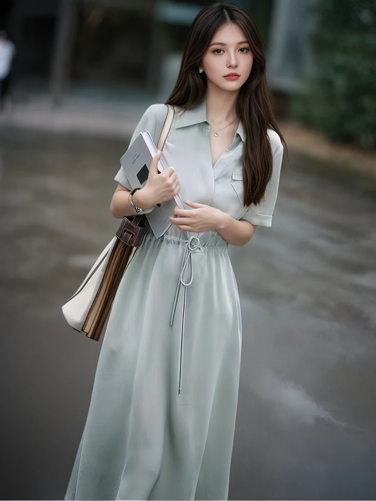 Vestido largo ajustado con lazo liso para mujer, vestido de oficina con cuello tipo Polo de manga corta, Vestidos coreanos elegantes de lujo 2025