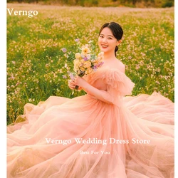 Verngo-Vestido largo de tul con hombros descubiertos para mujer, traje elegante de tul Rosa rubor, mangas coreanas, vestido de novia para fiesta y boda