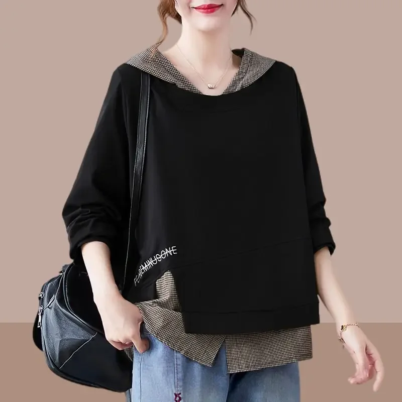 

Fashion Fake Two Pieces Plaid Embroidery Hooded Sweatshirts Women Clothing Autumn Loose Korean Tops Casual Sweatshirts JJ94