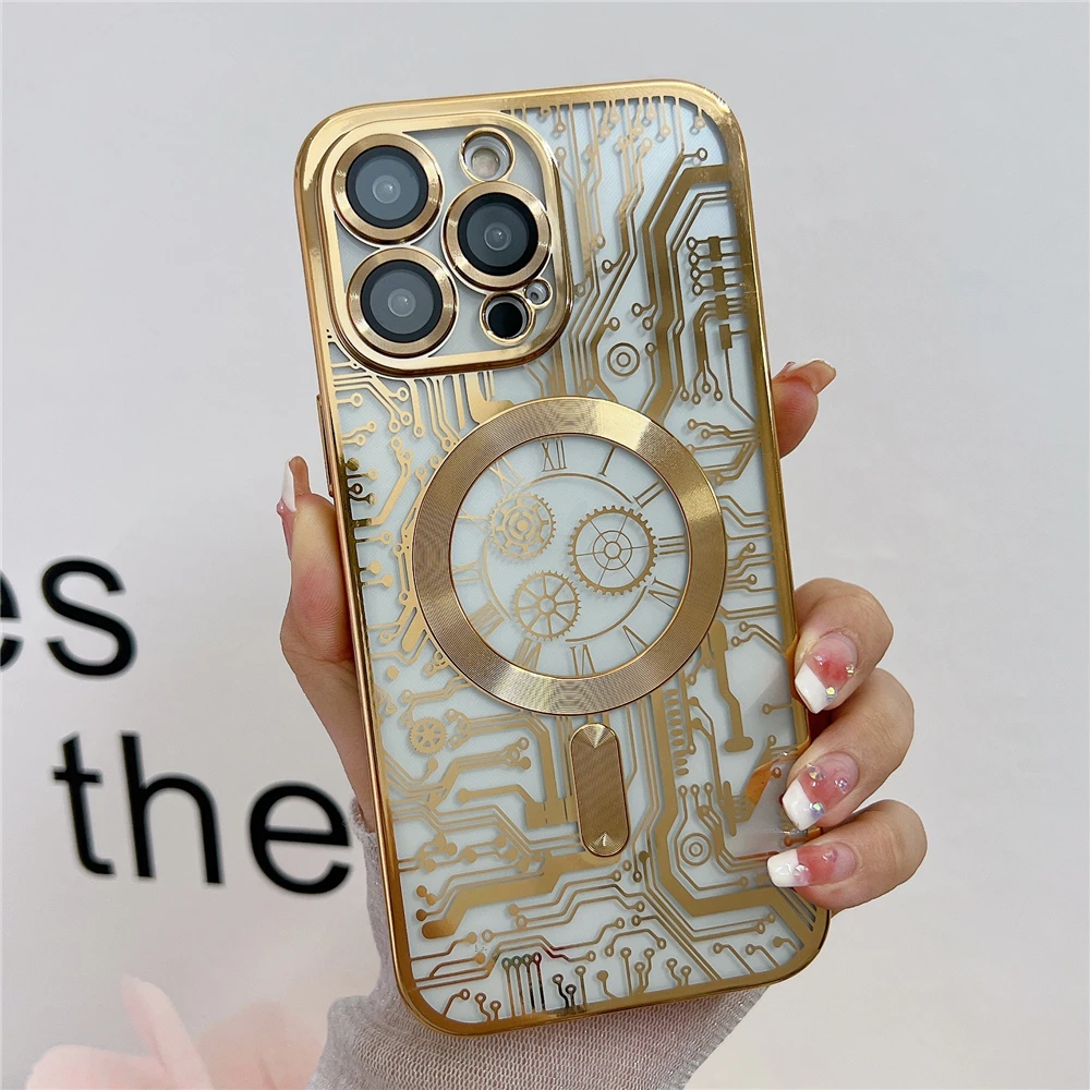 Luxury Plating Gold Magnetic For Magsafe Wireless Charger Phone Case For iPhone 15 14 13 12 Pro Max Gilt Mechanical Watch Cover