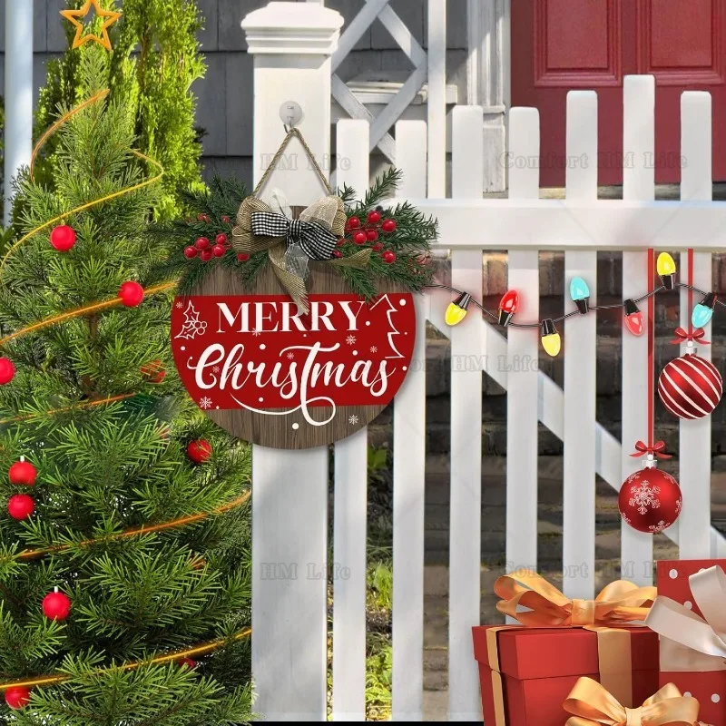 Merry Christmas Door Hanger Wooden Christmas Welcome Wreath Door Sign for Front Door Winter Xmas Holiday Outdoor Hanging Sign