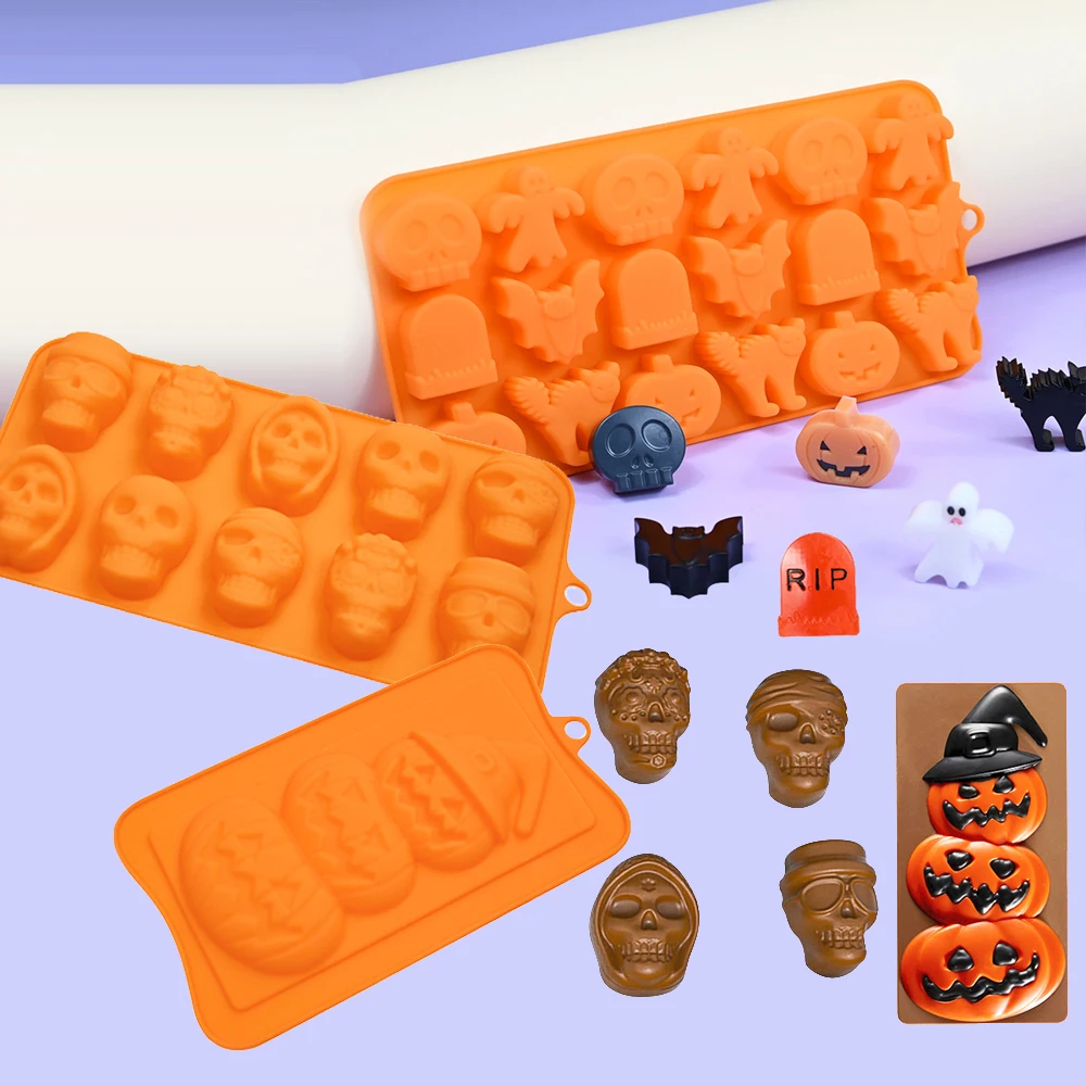 Halloween Mold Pumpkin Skull Ghost Spider Witch Bat Tombstone Design Halloween Elements Cake Mould Silicone Chocolate Mold