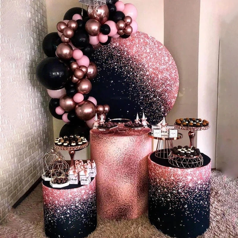 Круглый фон для дня рождения для взрослых, черный и золотой стиль, блестящий боке для мужчин и женщин, круглый фон, эластичный индивидуальный заказ