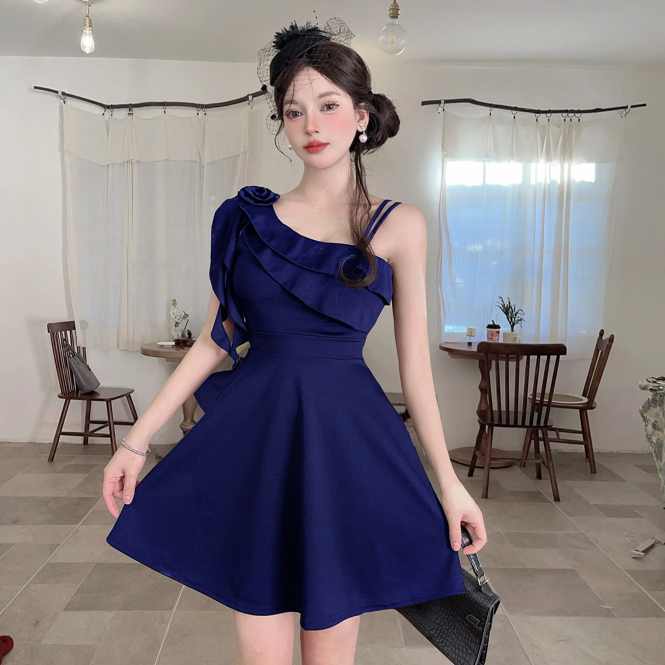 Low Cut Floral  ort Sve Base Layer One oulder Dr Commute Korean Sle High Waist Autumn Winter New Women's Dr