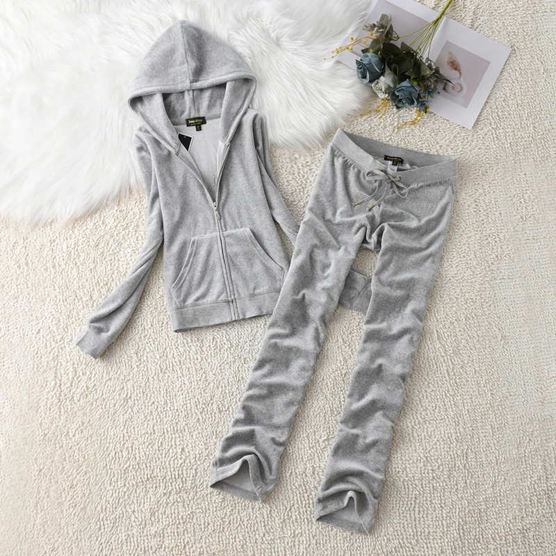 Juicy Grape Velvet Tracksuit Sets Women Outfit Tracksuit HoodiesTracksuit 2 Piece Set with Pocket Trousers and Jacket Sets