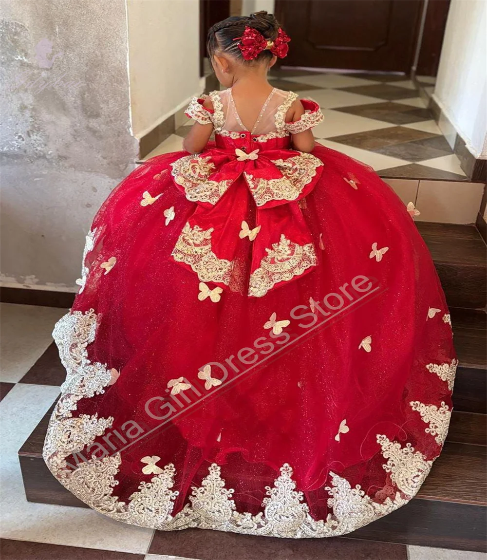 女の子服ふわふわ赤いフラワーガールドレスゴールドアップリケリボンプリンセスウェディングパーティーウエディング写真撮影カスタマイズ