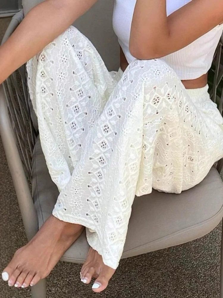 2026 Women's Summer Solid Color Hollow Embroidery Casual Loose Elastic Waist Pants Casual Versatile Commuting Office