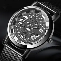 Fashion Mens Hollow Watches Men Business Watch Male Stainless Steel Mesh Belt Skeleton Quartz Wrist Watch Relogio Masculino