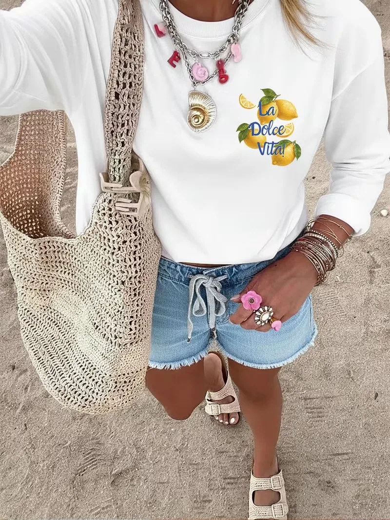 Aesthetic La Dolce Vita Lemon Print 100% Cotton Long Sleeve T-Shirt Graphic Y2K Chic Casual O Neck Women'S Top Tee Fall Winter