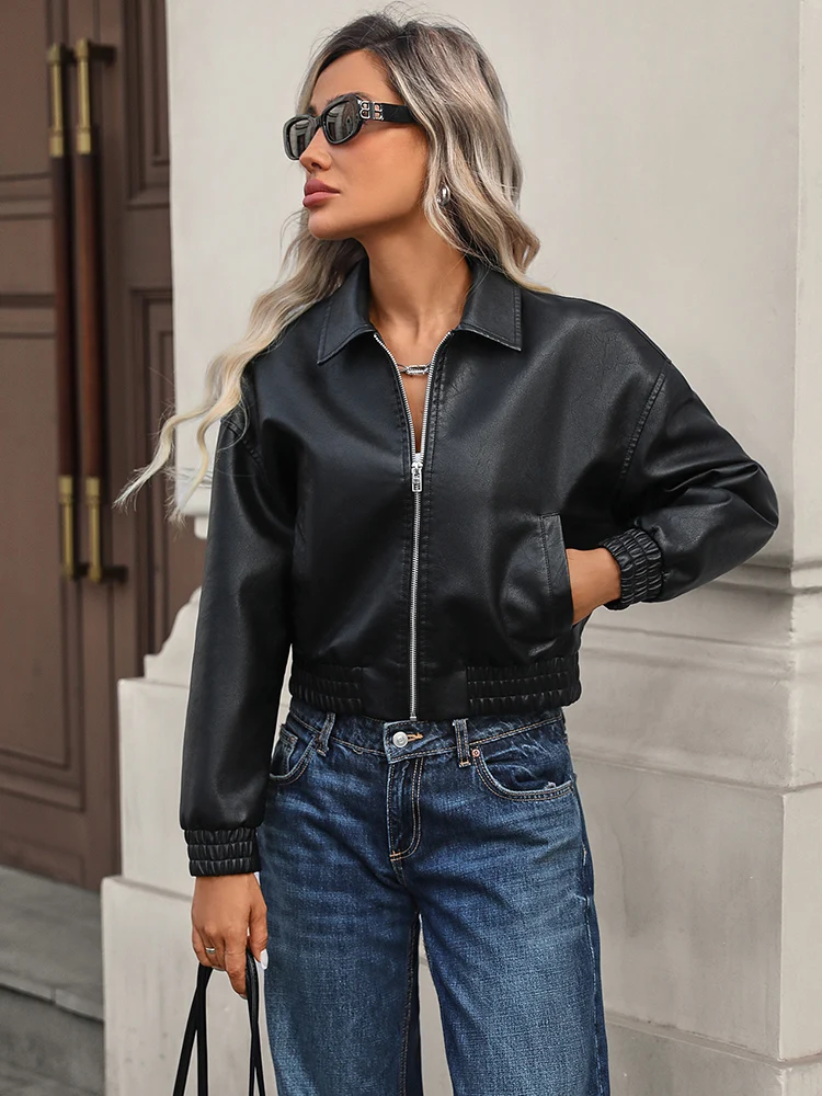 Ailegogo New Women Vintage Short Faux Leather Jacket Streetwear Female Zipper Turn-down Collar Moto Biker Coat Outwear