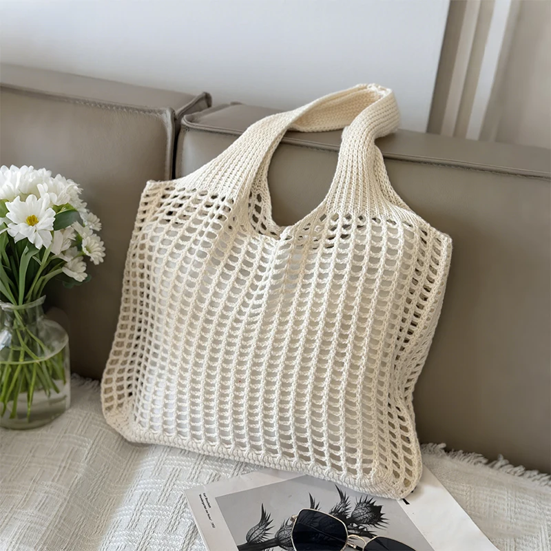 

Женская вместительная сумка-тоут из вязаного крючком материала, однотонная, с ажурным дизайном, модная пляжная сумка для покупок, путешествий и отпуска