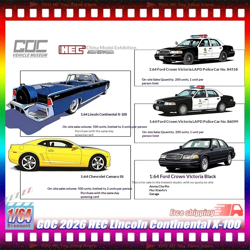 

1:64 Goc 2026 Hec Limitation Lincoln Continental X-100 Ford Victoria Crown Lapd Camaro Ss Alloy Die-Cast Model Custom Toy Gifts