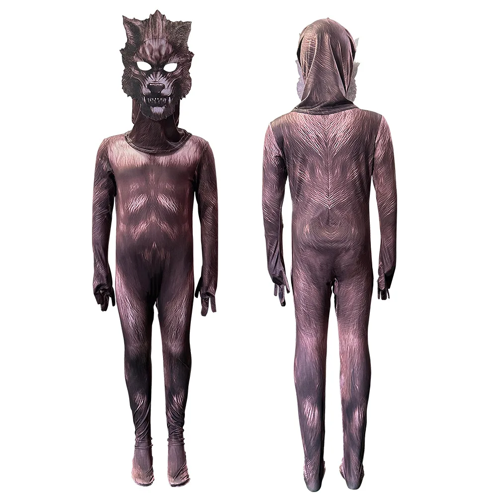 Werewolf Cosplay Costume Jumpsuit with Mask Suit Bodysuit Carnival Birthday Party Clothes Animal Wolf Costume for Kids Adult