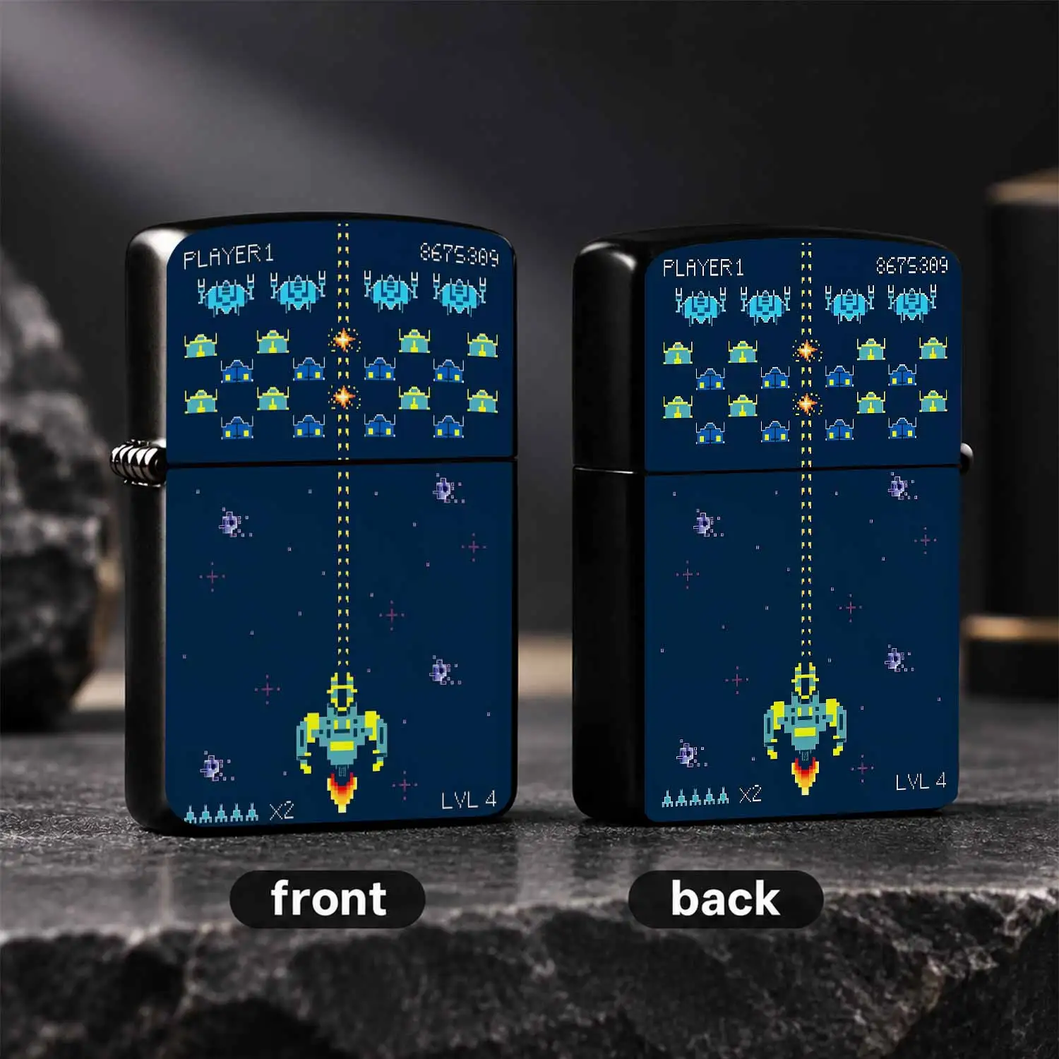 Retro 8-Bit Pixel Space Shooting Game Themed Pocket Accessory, Classic Nostalgic Arcade Screen Print, Stylish Trendy Small Item, Perfect For Daily Carry, Collection, Gifting And Various Casual Scenarios Use A Humorous And Interesting Lighte