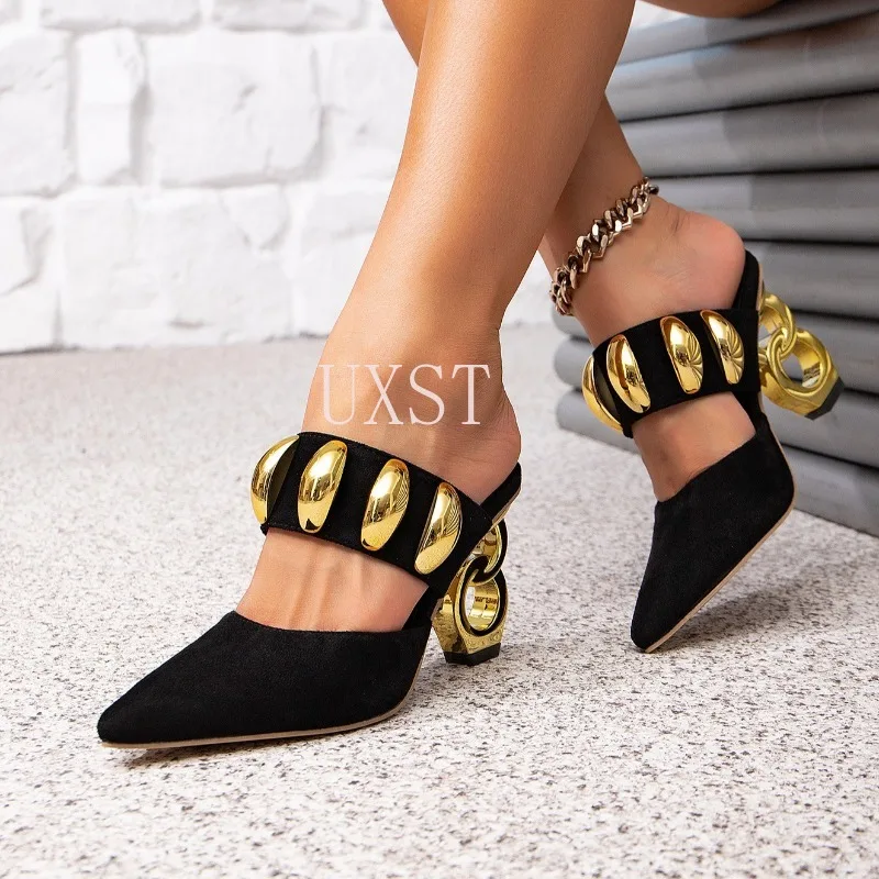 

High Heeled Sandals with Irregular High Heels Gold Buckle Decoration Party Fashion Comfortable Simple Sandals in The Back
