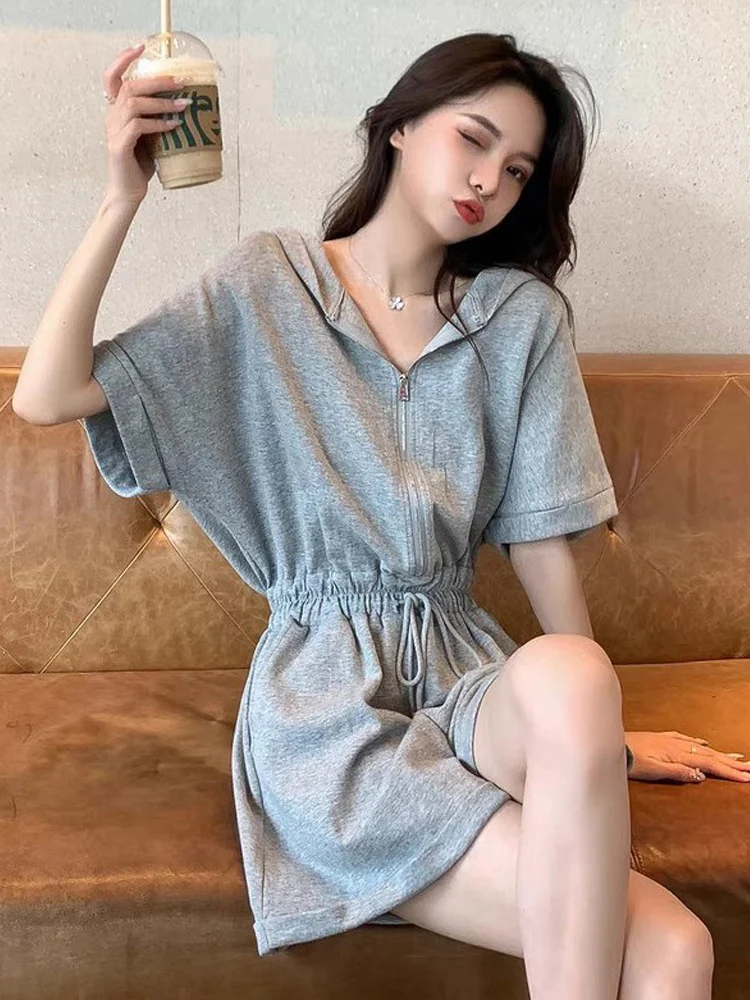 

Summer New Women's Casual High Waist Slimming One-Piece ort Pants Set Hooded Comfortable Cotton Korean Sle Commute Wind