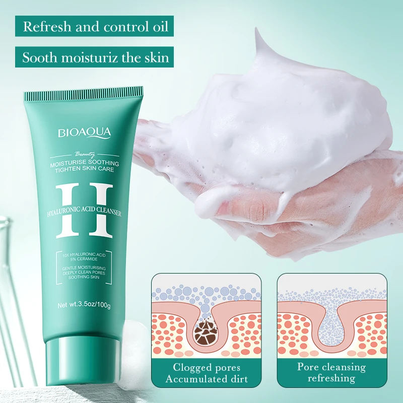 Fotografia 3: Bioaqua ácido hialurônico limpador facial hidratante espuma de lavagem facial anti-envelhecimento limpador facial produtos de cuidados com a pele facial