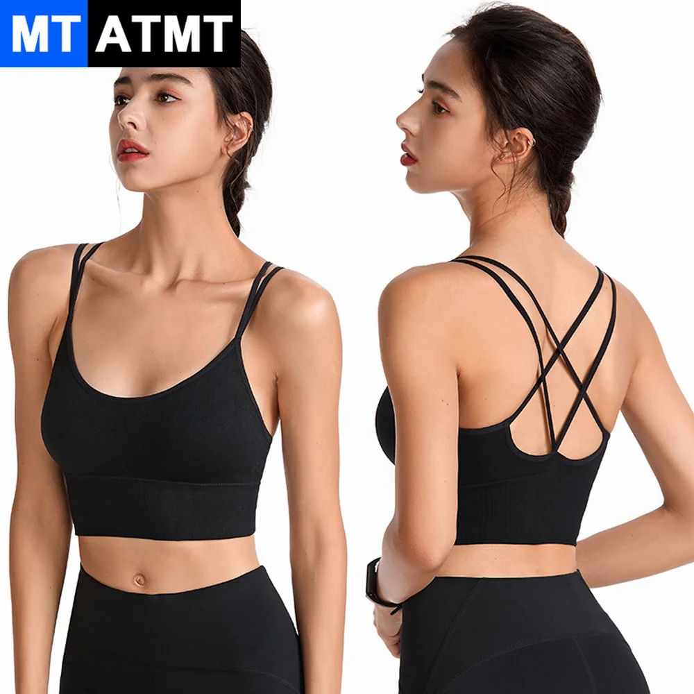 1Pcs Solid Color Soft Cross Back Women Fitness Bra Tights Yoga Vest High Strength Gym Sports Top Push Up With Chest Pad