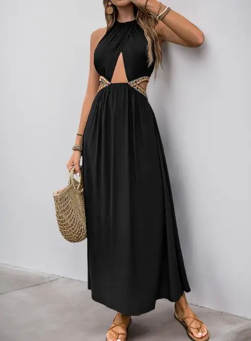 Novo vestido feminino elegante e maduro sem mangas com gola halter e design recortado com cintura embelezada e costas abertas