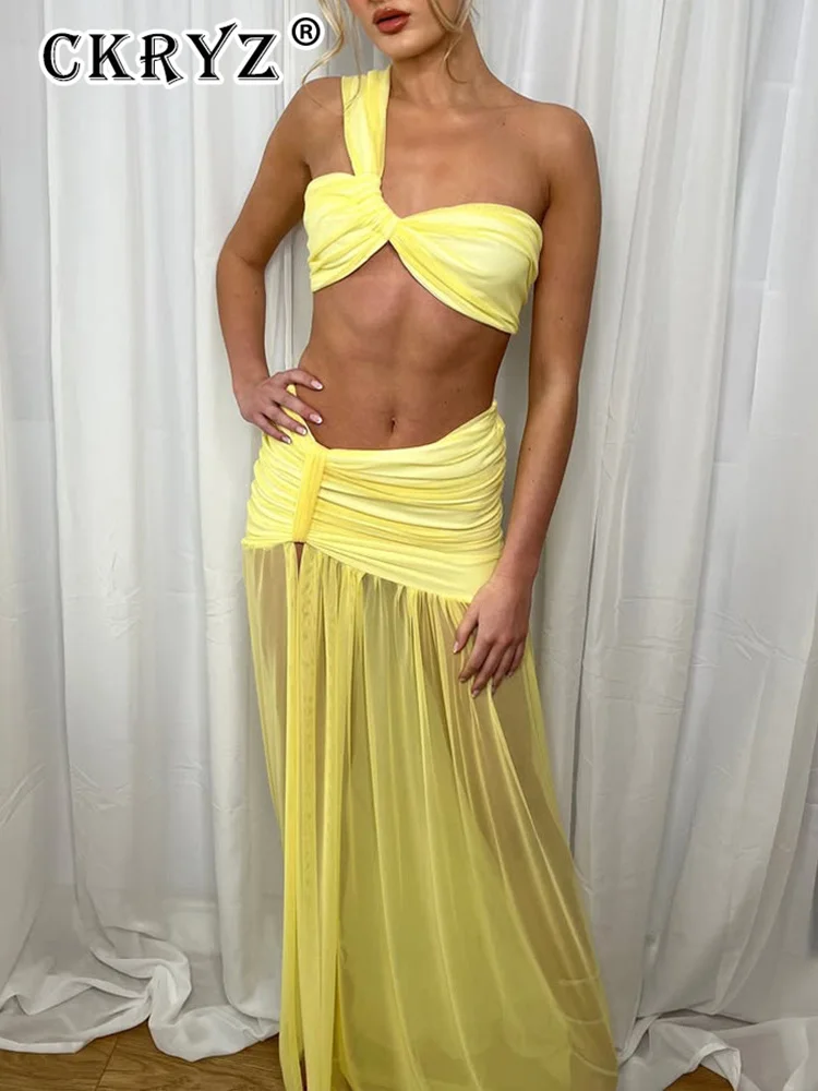 Conjunto de dos piezas de falda Sexy de verano para mujer, Top corto de un hombro y falda Maxi, conjunto elegante de 2 piezas para fiesta en la playa y Club