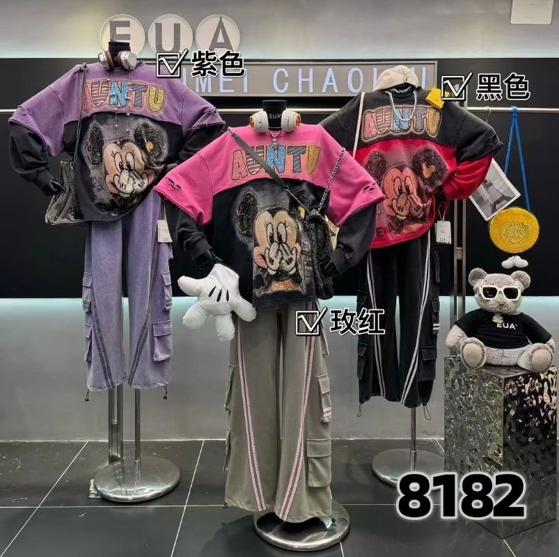 Heavy Industry Color Block Cartoon Sweatshirt Women's Loose Casual Slimming Top 2025 Autumn New Long Sleeves Pullover Sudaderas