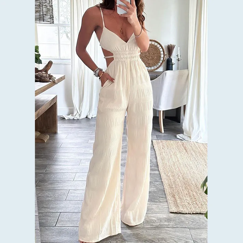 

Female Sexy V-neck Hollow High Waist Romper Fashion Sleeveless Summer Suspenders Playsuits New Backless Textured Slim Jumpsuit