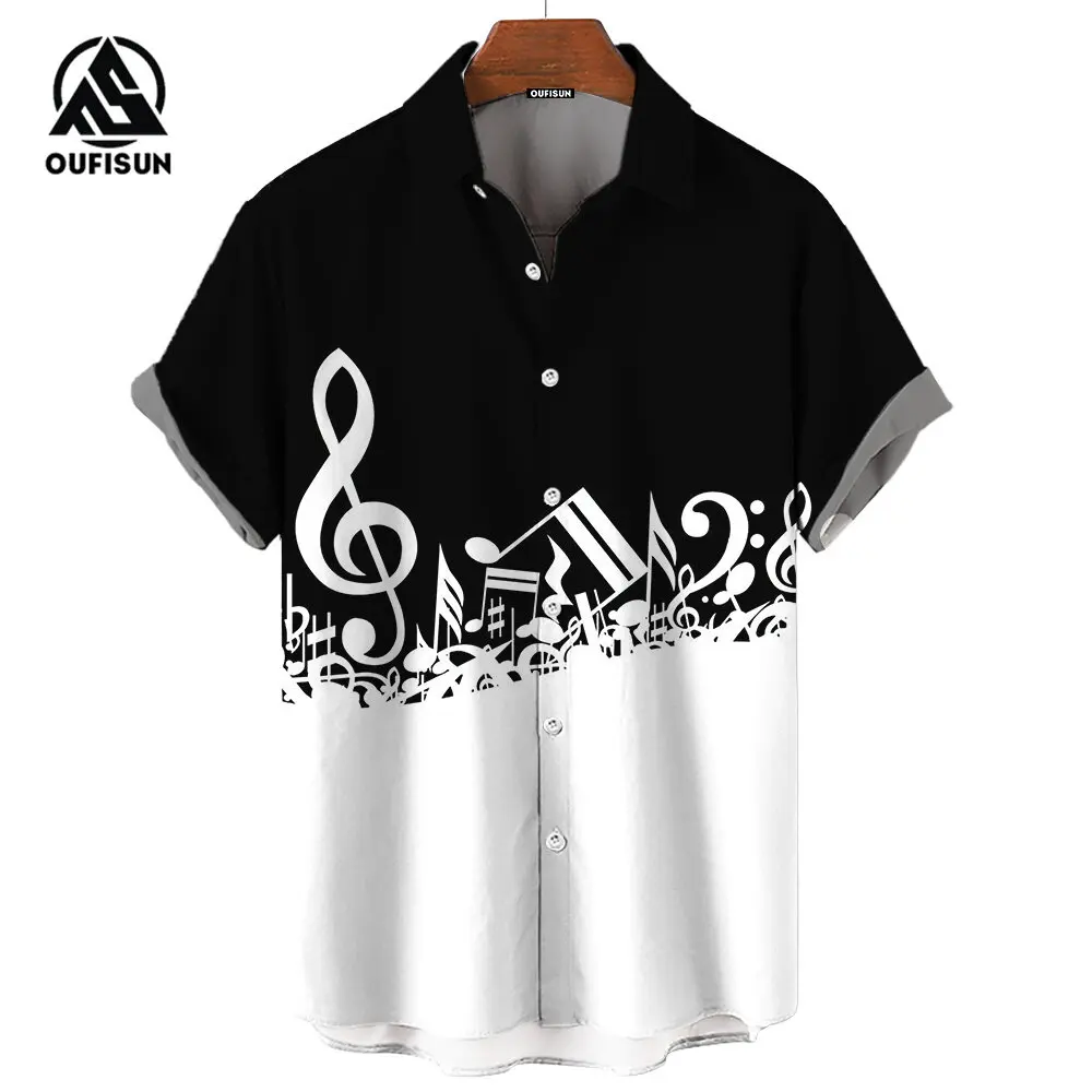 Music Note Print Summer Men\'s Short Sleeve Shirt Tops Street Fashion Men\'s Shirt Oversized Tops Size S-5XL