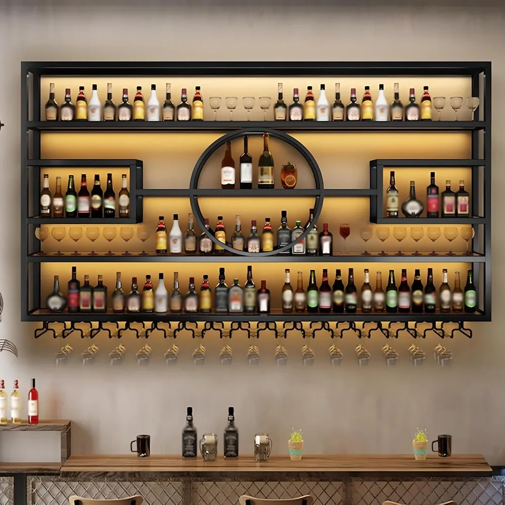 

Большая настенная винная полка, современная металлическая винная бутылка и стеклянный держатель, 4-уровневые бутылки для алкоголя, плавающие полки для хранения дисплея