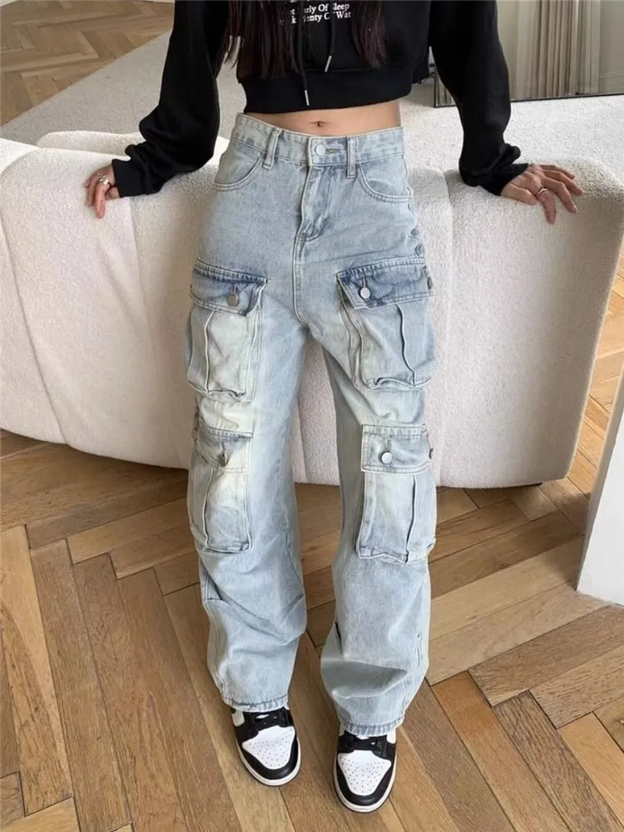 American Street Y2K Multi-Pocket Overalls Jeans Are Designed With A Loose Feeling High Waist And Slim Straight Wide-Leg Pants