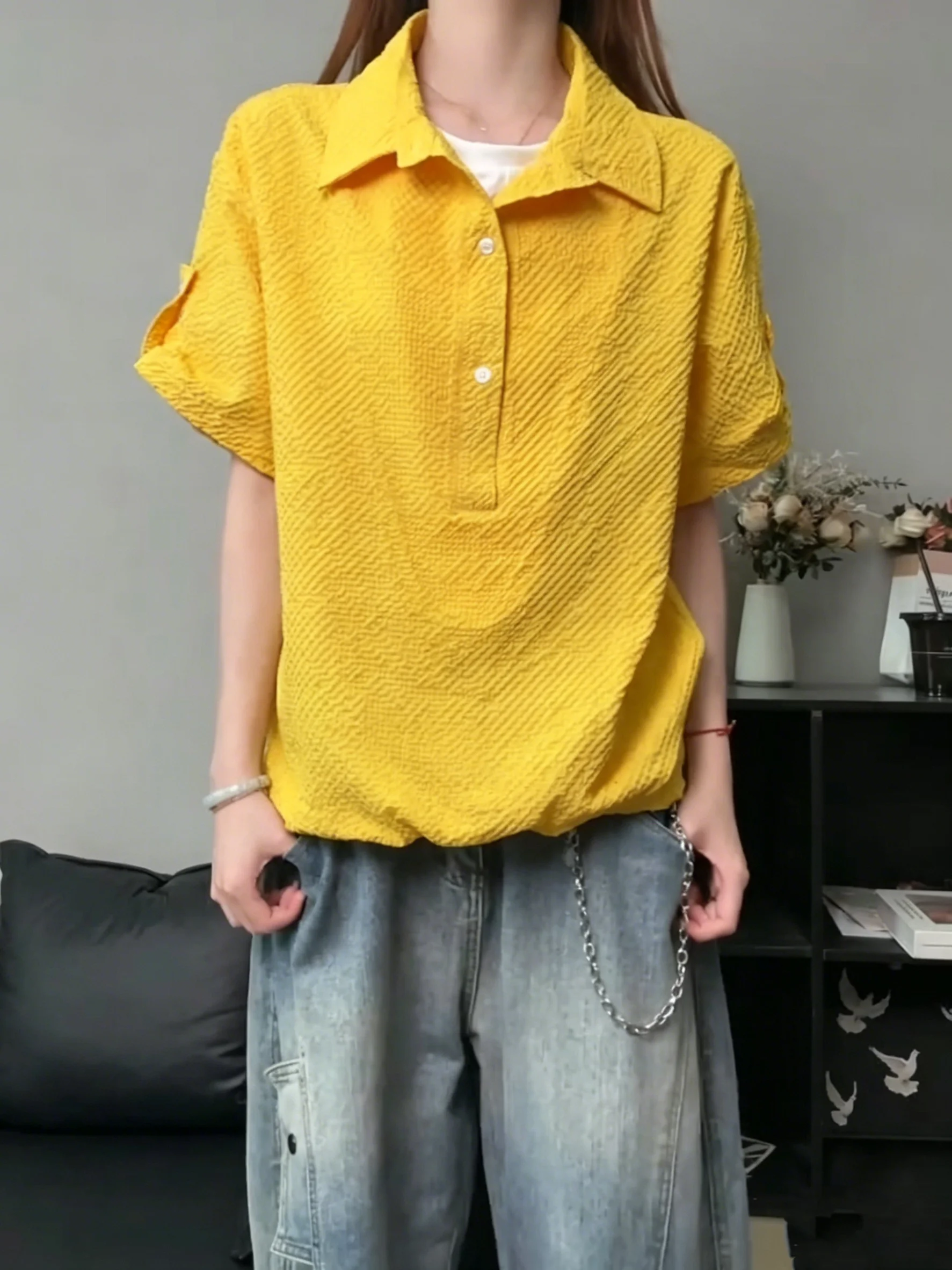 Lemon Yellow Men's Short Sleeve Bubble Shirt Lightweight Summer Sun Protection Outerwear Flip Collar T-Shirt CleanFit Style