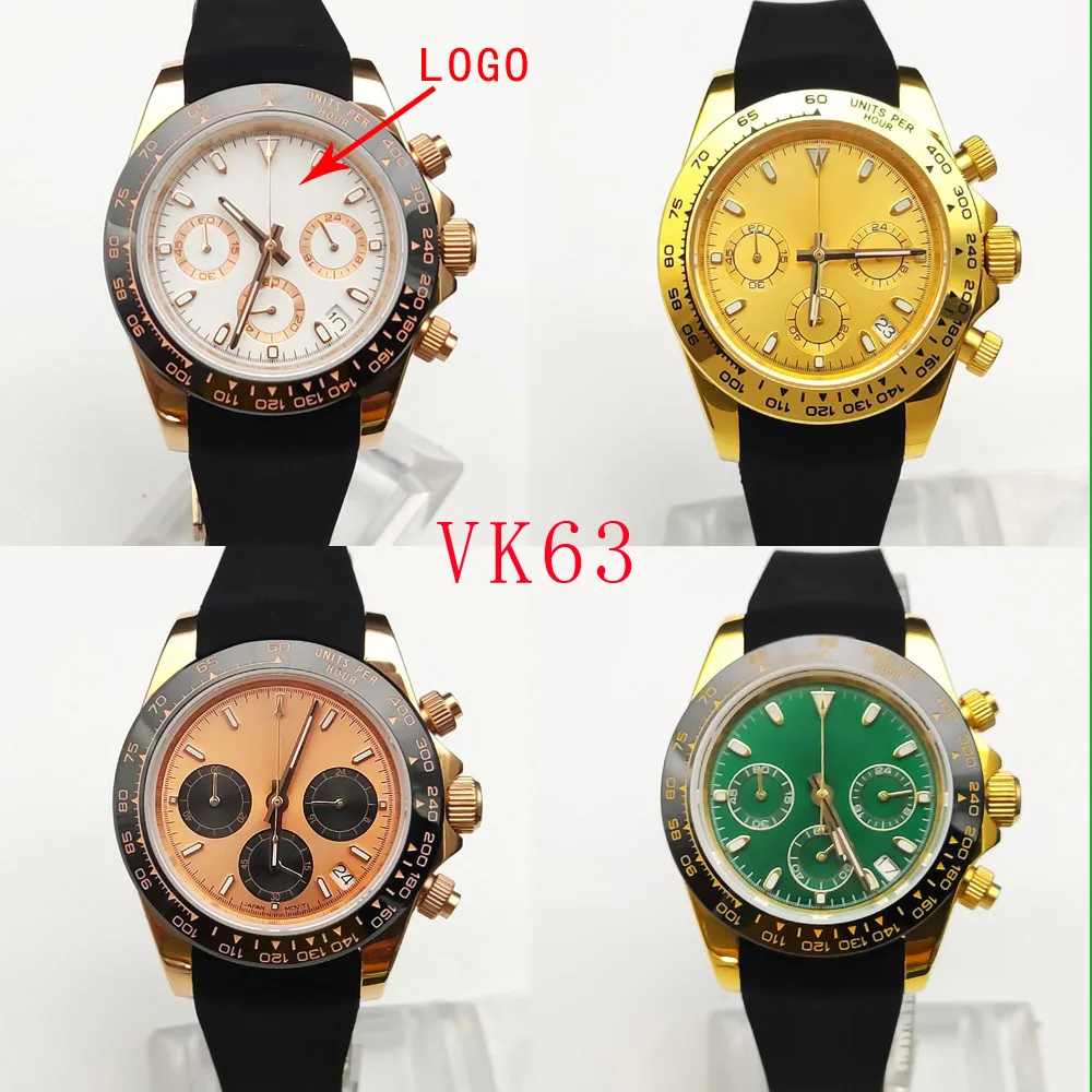 

39mm Gold vk63 case Custom logo watch case Panda dial Japanese quartz watch vk63 movement case timing electronic versatile