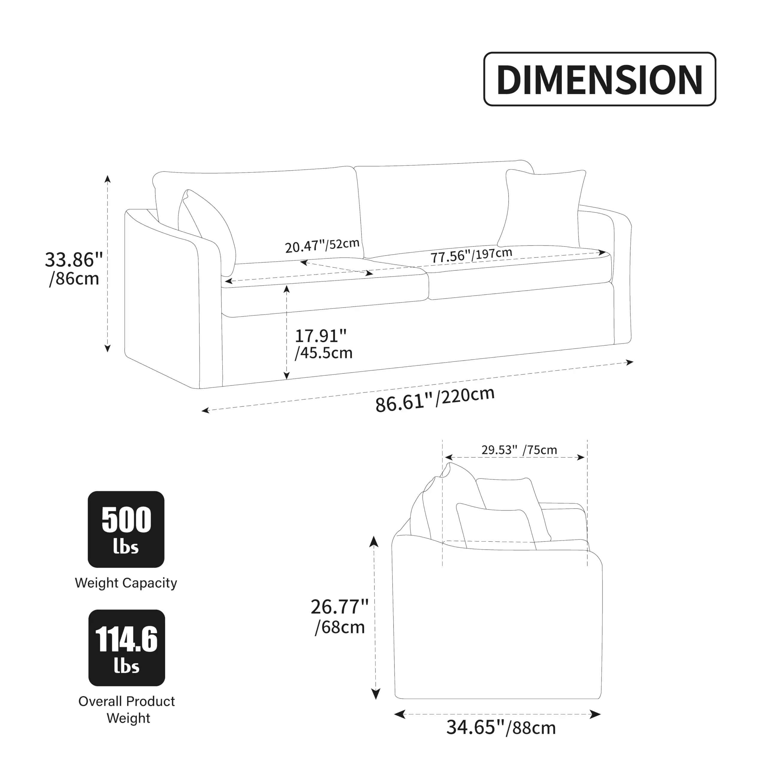 Extra-Large Double-Seater Loveseat, Chenille Upholstered with Two Armrest and Two Backrest Pillows - Minimalist Beige