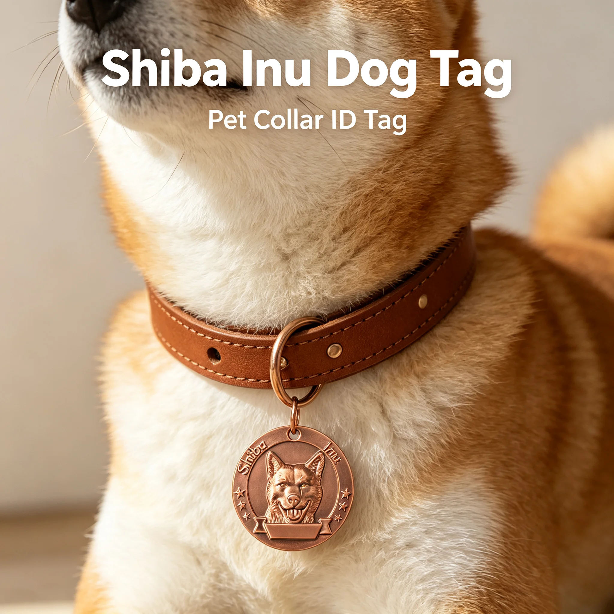 33mm Pure Red Copper Dog Tag, 3D Embossed Shiba Inu Pattern Round Pet ID Tag, Custom Engraved Dog Collar Name Tag for Medium Dog