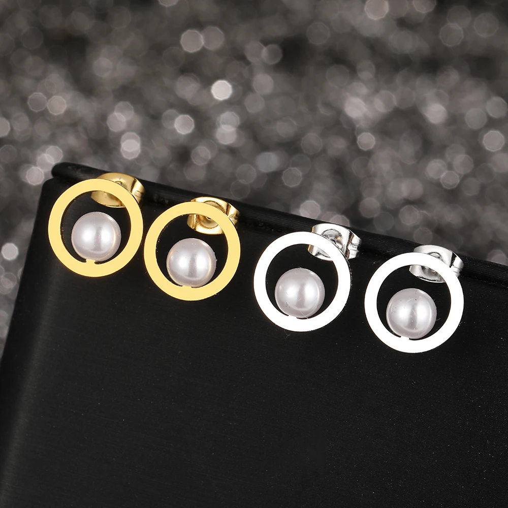 Stainless Steel Earrings Delicate Small Round Charm Fashion Pearl Stud Earrings For Women Jewelry Luxury Party Girl Unusual Gift