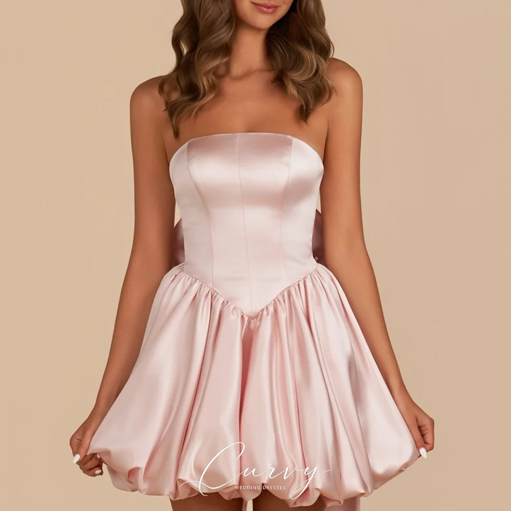 Curvy Princess Sweet Blush Homecoming Dress with Strapless Neck Back Long Streamer Bow Puffy Bubble Hem Mini Skirt Customized