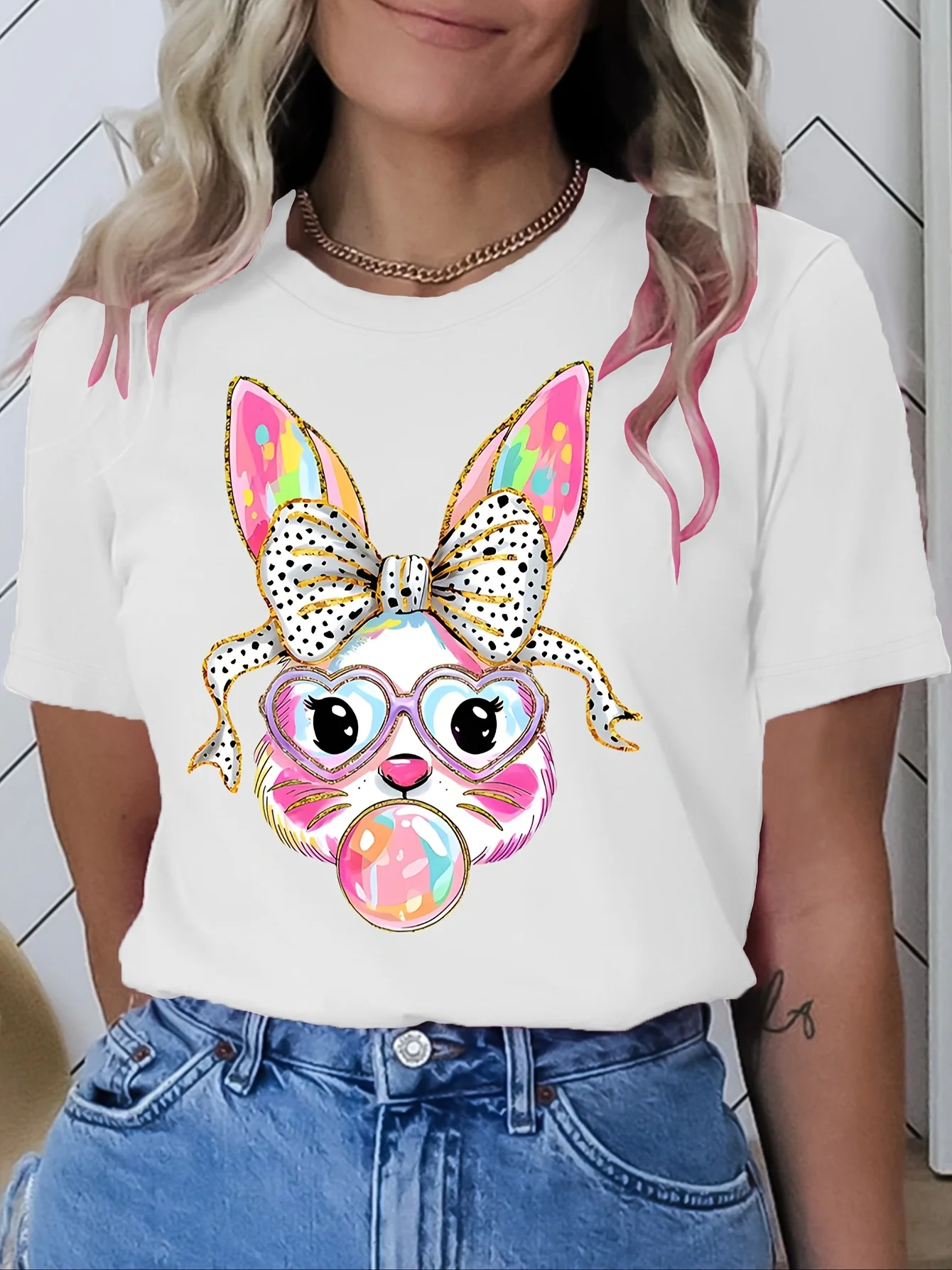 Flash Easter Bunny Bubble Bunny Printed Round Neck T-shirt Four Seasons Casual Short Sleeve Round Neck T-shirt Women's Wear
