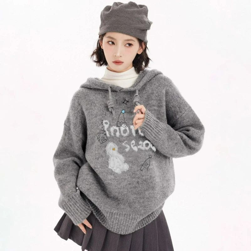 Grijs bedrukte trui met capuchon, gebreide trui voor dames, herfst/winter, nieuwe stijl, modieuze casual losse trui in Koreaanse stijl