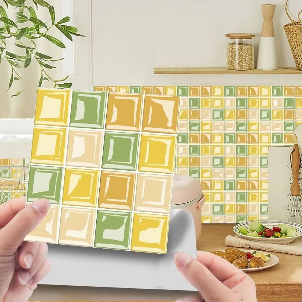 10Pcs 10x10CM Mosaic Tiles Wall Sticker 3D PVC Mosaic Crystal Tile Stickers Self-Adhesive Waterproof Brick Tile Stickers Kitchen