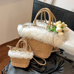 Summer Straw Bag For Women Fashion Pleated Lace Rattan Handmade Woven Bag Large Capacity Boho Beach Shoulder Crossbody Bag Femme