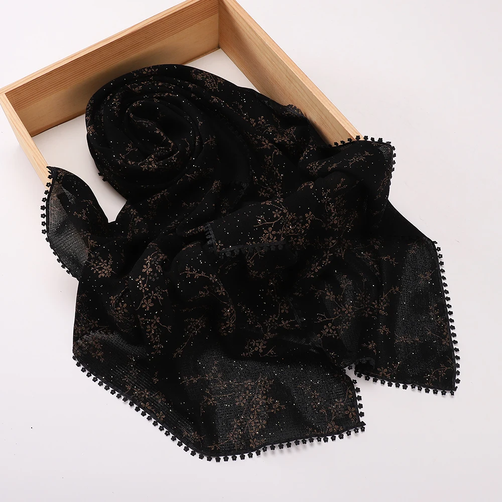 Vintage Glitzer-Hijab für Frauen, schwarz-brauner Schal mit Blumenmuster und Quastenrand, muslimisches Kopftuch, islamischer Schal. – Detail 1