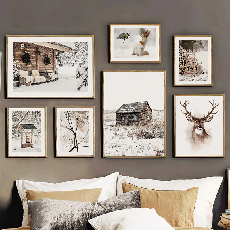 Winter Scenery Posters And Prints Snow Rural Houses Firewood Squirrel Deer Canvas Painting Wall Art Living Room Home Decoration