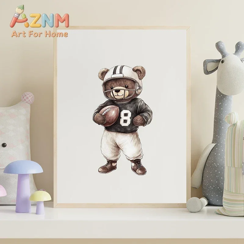 Vintage Teddy Bear Sport Watercolor Posters Basketball Hockey Soccer Canvas Printing Wall  Picture for Living Room Home Decor