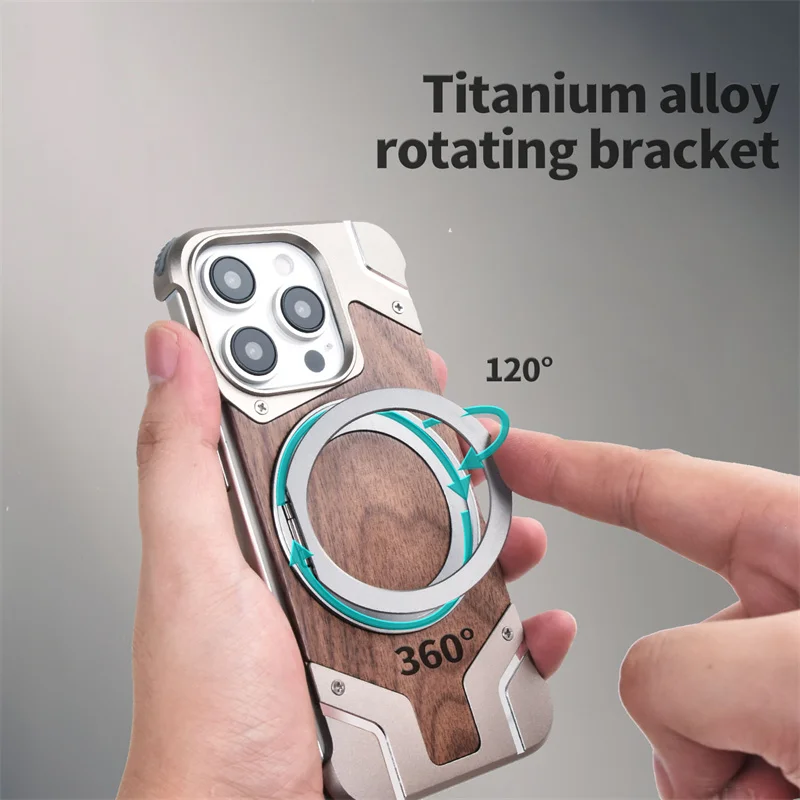 Walnut Wood Metal Borderless Armor Phone Case For iPhone 13 14 15 16 Pro Max Plus 360 Rotating Magnetic Bracket Shockproof Cover