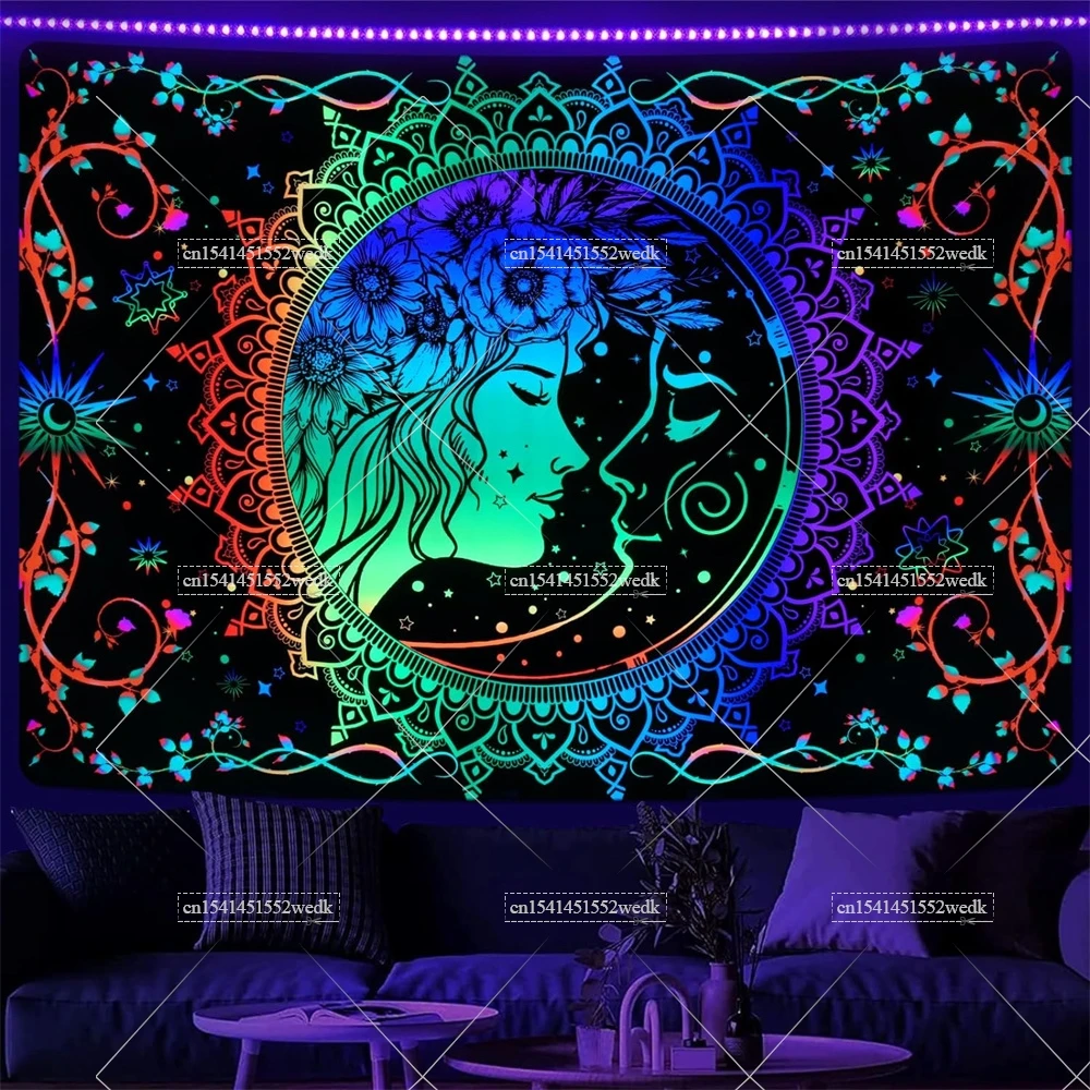 Sun Godness Blacklight Tapestry UV Reactive Mandala Flowers Black Light Tapestry Neon Glow In The Dark Wall Decor Party Backdrop